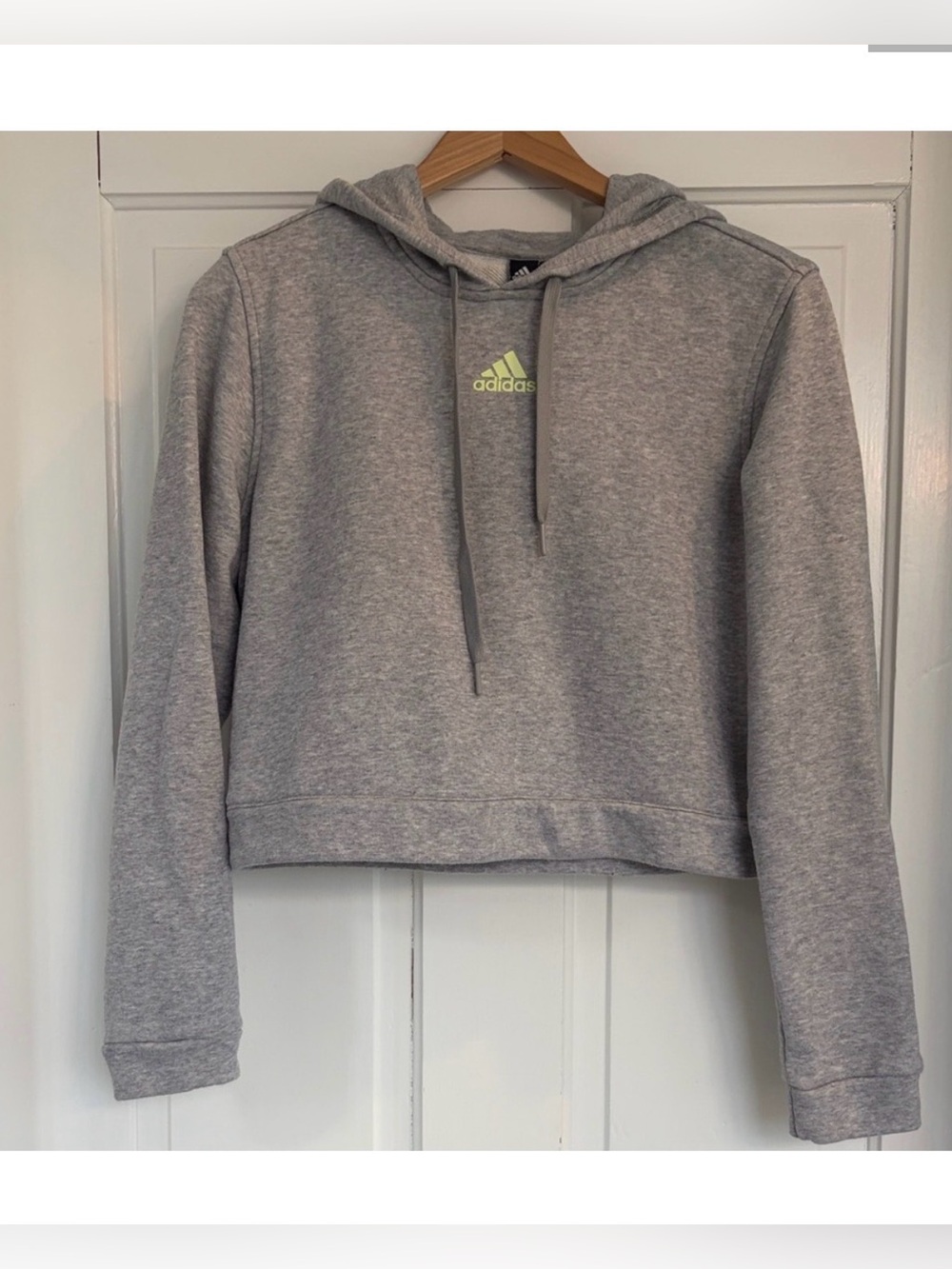 adidas Light Gray Cropped Hoodie with Neon Logo